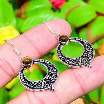 Серьги ручной работы из стерлингового серебра 925 пробы с натуральным драгоценным камнем тигрового глаза 1,85 дюйма Q2k95