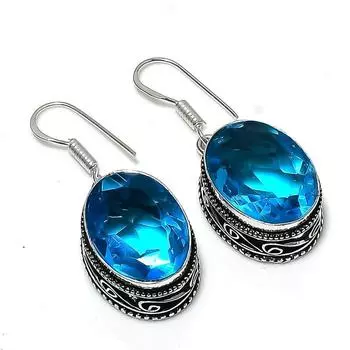 Серьги ручной работы из стерлингового серебра 925 пробы с драгоценным камнем London Blue Topaz 1,50 1.5 синий