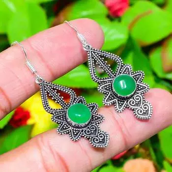 Серьги ручной работы из стерлингового серебра 925 пробы с натуральным зеленым ониксом 2,09 дюйма E0z02