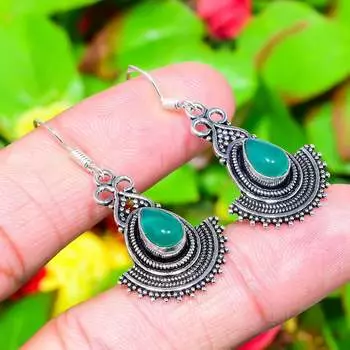 Серьги ручной работы из стерлингового серебра 925 пробы с натуральным зеленым ониксом, размером 1,73 дюйма, r5f95