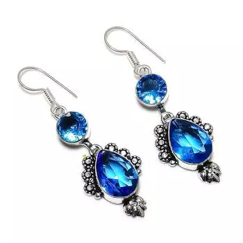 Серьги ручной работы из стерлингового серебра 925 пробы с натуральным лондонским голубым топазом 2,05 дюйма N0e39