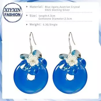 Серьги ручной работы из стерлингового серебра 925 пробы с синим круглым цветком из драгоценных камней, винтажные бохо-изящные женские украшения A pair of earrings