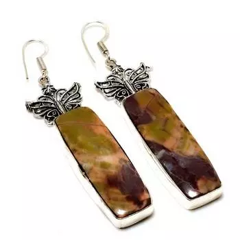 Серьги ручной работы с бабочкой из яшмы и посеребренным камнем 925 пробы 2,87 дюйма