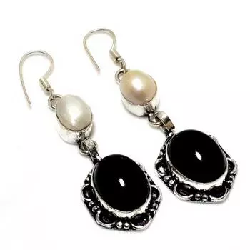 Серьги ручной работы с черным ониксом и жемчугом, посеребренные 925 пробы, 2,27 дюйма