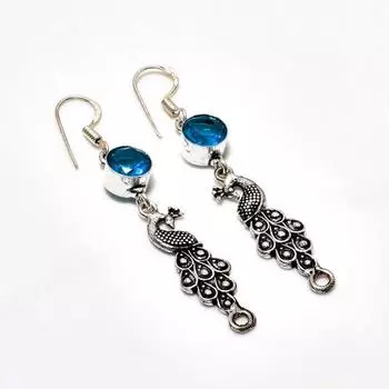 Серьги ручной работы с драгоценным камнем London Blue Topaz, посеребренные 925 пробы, 2,38 дюйма