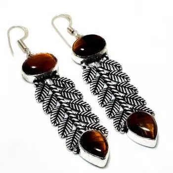 Серьги ручной работы с драгоценным камнем тигровый глаз, посеребренные 925 пробы, 2,84 дюйма