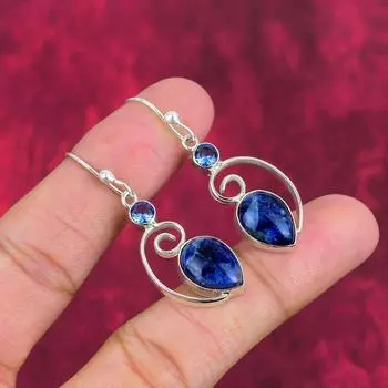 Серьги ручной работы с драгоценными камнями содалит, танзанит, 925 пробы, кулон, антикварная бижутерия, серьги для подарка на помолвку 1.97 Inches синий