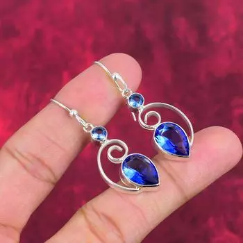 Серьги ручной работы с драгоценными камнями танзанит, серьги из цельного серебра 925 пробы, антикварные ювелирные изделия, серьги для подарка на помолвку 1.97 Inches синий