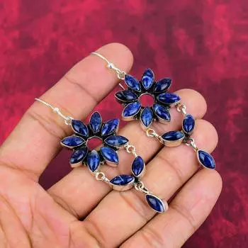 Серьги ручной работы с драгоценными камнями содалит, серьги из цельного серебра 925 пробы, антикварные украшения, серьги для подарка на помолвку 3.03 Inches синий