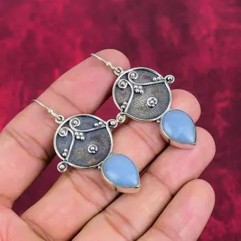 Серьги ручной работы с драгоценными камнями Angelite, серьги из цельного серебра 925 пробы, серьги с уникальным дизайном 2.24 Inches синий