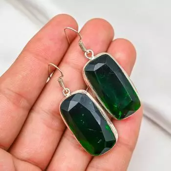 Серьги ручной работы с драгоценными камнями из хромдиопсида, серьги из чистого серебра 925 пробы, серьги с уникальным дизайном 1.96 Inches зелёный