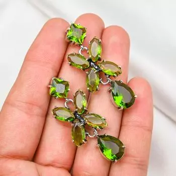 Серьги ручной работы с драгоценными камнями перидот, серьги из цельного серебра 925 пробы, серьги с уникальным дизайном 1.96 Inches зелёный