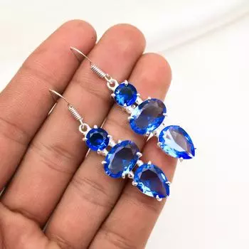 Серьги ручной работы с драгоценными камнями танзанит, серьги из цельного серебра 925 пробы, антикварные ювелирные изделия, серьги для подарка на помолвку 2.08 Inches синий