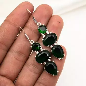 Серьги ручной работы с драгоценными камнями из хромдиопсида, серьги из чистого серебра 925 пробы, серьги с уникальным дизайном 2.08 Inches зелёный
