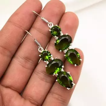 Серьги ручной работы с драгоценными камнями перидот, серьги из цельного серебра 925 пробы, серьги с уникальным дизайном 2.08 Inches зелёный