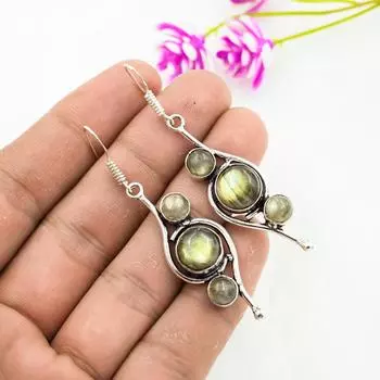 Серьги ручной работы с драгоценными камнями лабрадорит, серьги из цельного серебра 925 пробы, серьги с уникальным дизайном 2.44 Inches синий