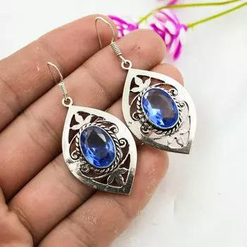 Серьги ручной работы с драгоценными камнями танзанит, серьги из цельного серебра 925 пробы, антикварные ювелирные изделия, серьги для подарка на помолвку 1.77 Inches синий