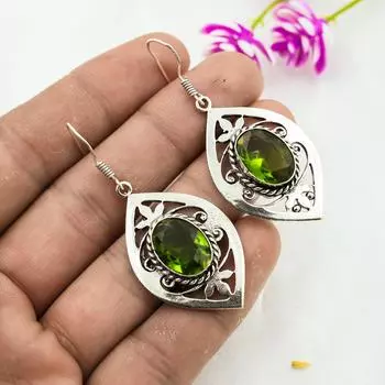 Серьги ручной работы с драгоценными камнями перидот, серьги из цельного серебра 925 пробы, серьги с уникальным дизайном 1.77 Inches зелёный
