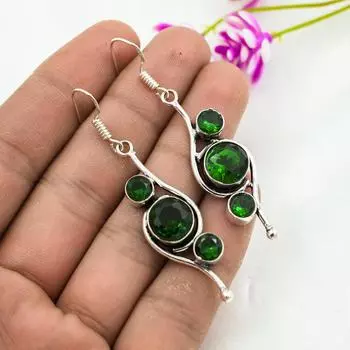 Серьги ручной работы с драгоценными камнями из хромдиопсида, серьги из чистого серебра 925 пробы, серьги с уникальным дизайном 2.44 Inches зелёный