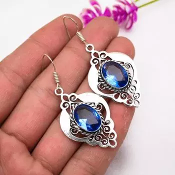 Серьги ручной работы с драгоценными камнями танзанит, серьги из цельного серебра 925 пробы, антикварные ювелирные изделия, серьги для подарка на помолвку 2.16 Inches синий