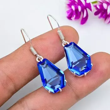 Серьги ручной работы с драгоценными камнями танзанит, серьги из цельного серебра 925 пробы, антикварные ювелирные изделия, серьги для подарка на помолвку 1.53 Inches синий