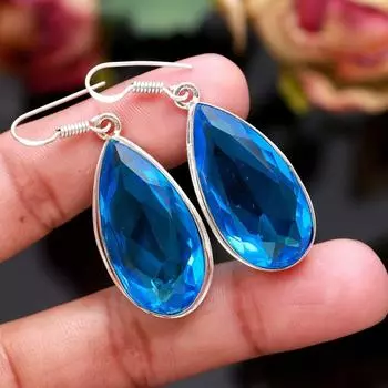 Серьги ручной работы с голубым топазом и кварцем, простые минималистичные серьги-подвески из серебра 925 пробы