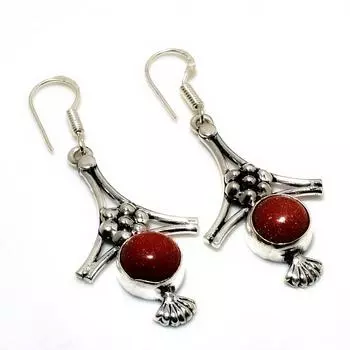 Серьги ручной работы с красным солнечным камнем, посеребренные, 925 пробы, 2,08 дюйма