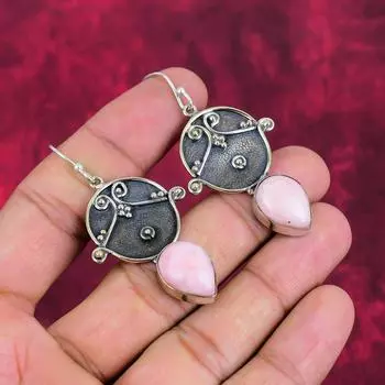 Серьги ручной работы с розовым опалом и драгоценными камнями, серьги из чистого серебра 925 пробы, уникальные дизайнерские украшения для женщин 2.24 Inches розовый