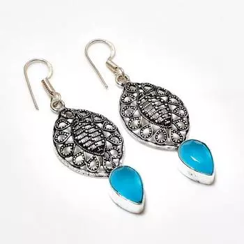 Серьги ручной работы с синим халцедоном, посеребренные 925 пробы, 2,19 дюйма