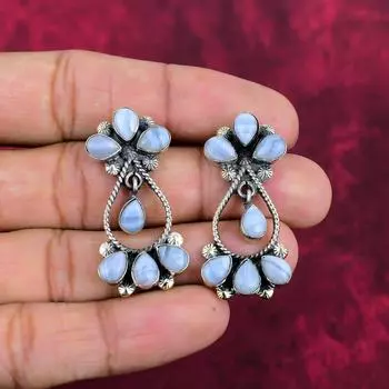 Серьги ручной работы с синим кружевным агатом, серьги из стерлингового серебра 925 пробы, антикварные ювелирные изделия, серьги для подарка на помолвку 1.65 Inches синий