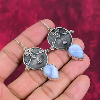 Серьги ручной работы с синим кружевным агатом, серьги из стерлингового серебра 925 пробы, антикварные ювелирные изделия, серьги для подарка на помолвку 2.24 Inches синий