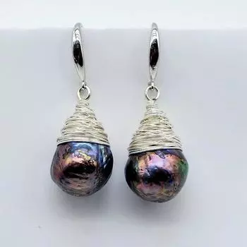 Серьги ручной работы в стиле барокко, женские серьги с натуральным пресноводным жемчугом, плетеные из серебряной проволоки, большие серьги-капли с черным жемчугом серебряный