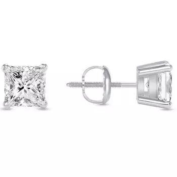 Серьги с 1-каратными бриллиантами принцессы, выращенными в лаборатории, белое золото 14 карат, F/VS, корзинка, винтовой замок 15MM серебряный