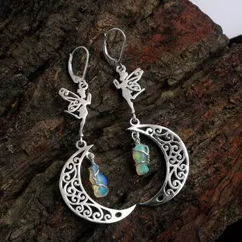 Серьги с эфиопским опалом, серьги «Фея на луне», украшения ручной работы, серебряные украшения, женские серьги