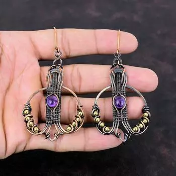 Серьги с африканским аметистом, серьги в медной проволоке, серьги ручной работы с драгоценными камнями, медные украшения, висячие серьги, ювелирные изделия в проволочной обертке для подарка