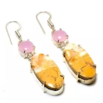 Серьги с агатом в горошек и розовым халцедоном, посеребренные 925 пробы, 2,08 дюйма