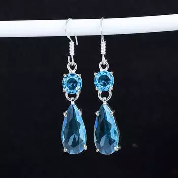 Серьги с аквамарином и драгоценными камнями, старинные серьги из стерлингового серебра 925 пробы, серьги-подвески из серебра в стиле бохо, подарки для вечеринок, подарки для нее 2.95 синий