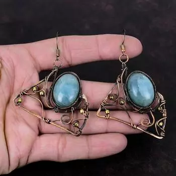 Серьги с аквамарином, серьги из медной проволоки, серьги ручной работы, новые серьги, ювелирные изделия из драгоценных камней, стильные серьги, подарок для нее, ювелирные изделия из медной проволоки