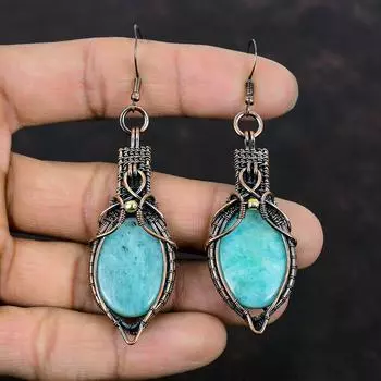 Серьги с амазонитом, серьги из медной проволоки, серьги ручной работы с драгоценными камнями, медные украшения, антикварные серьги, подарки на годовщину, ювелирные изделия из проволочной обмотки