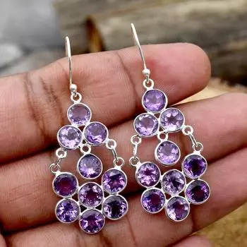 Серьги с аметистом, дизайнерские серьги, серьги ручной работы, серебро 925 пробы, серьги с подвесками, подарок для нее, свадебный подарок