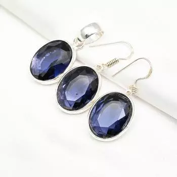 Серьги с аметистом, комплект украшений с подвеской из драгоценных камней, серьги из чистого серебра 925 пробы, подарок для женщин, комплект украшений с подвеской ручной работы 1.49 Inches синий