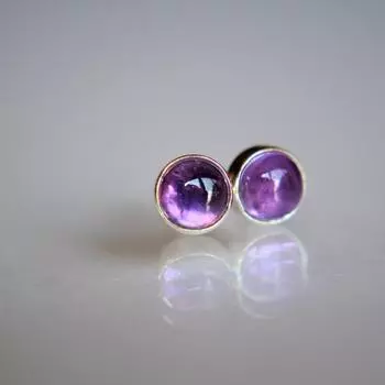 Серьги с аметистом, Серьги с драгоценными камнями, Серьги с серебряными подвесками, Серьги-гвоздики, Серьги-гвоздики с аметистом, Маленькие серьги, Минималистичные серьги, Подарок Free Size фиолетовый