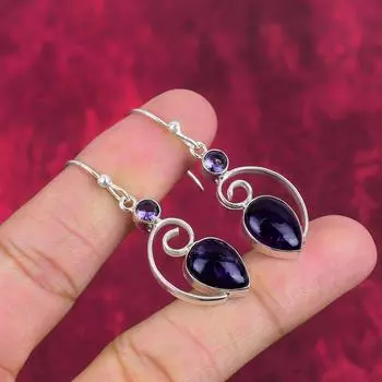 Серьги с аметистом, ювелирные изделия из драгоценных камней, серьги из цельного серебра 925 пробы, подарок для женщин, серьги ручной работы 1.97 Inches фиолетовый