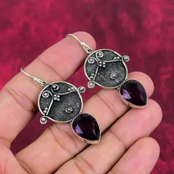 Серьги с аметистом, ювелирные изделия из драгоценных камней, серьги из цельного серебра 925 пробы, подарок для женщин, серьги ручной работы 2.24 Inches фиолетовый