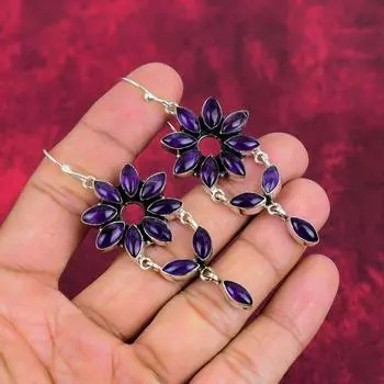 Серьги с аметистом, ювелирные изделия из драгоценных камней, серьги из цельного серебра 925 пробы, подарок для женщин, серьги ручной работы 3.03 Inches фиолетовый
