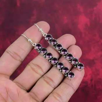 Серьги с аметистом, ювелирные изделия из драгоценных камней, серьги из цельного серебра 925 пробы, подарок для женщин, серьги ручной работы 2.91 Inches фиолетовый