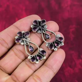 Серьги с аметистом, ювелирные изделия из драгоценных камней, серьги из цельного серебра 925 пробы, подарок для женщин, серьги ручной работы 1.65 Inches фиолетовый