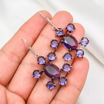 Серьги с аметистом, ювелирные изделия из драгоценных камней, серьги из цельного серебра 925 пробы, подарок для женщин, серьги ручной работы 1.57 Inches синий