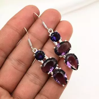Серьги с аметистом, ювелирные изделия из драгоценных камней, серьги из цельного серебра 925 пробы, подарок для женщин, серьги ручной работы 2.08 Inches фиолетовый
