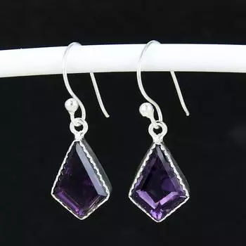 Серьги с аметистовым камнем, старинные серьги из стерлингового серебра 925 пробы, серьги-подвески из серебра в стиле бохо, подарки на день рождения, подарки для нее 4 Cm фиолетовый